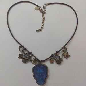Kirks Folly Blue Dream Skull Leaf Charm Necklace Gold Tone NEW Rare Variant
